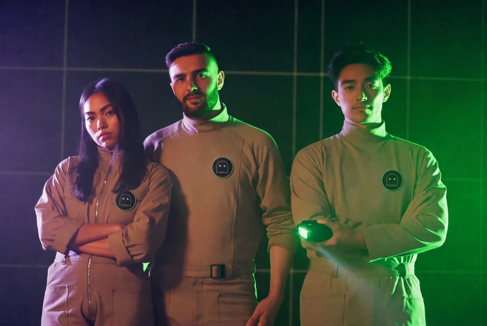 L'équipe vibebusters : trois ingénieurs en combinaison beige au badge fantôme vert, dans la lumière néon