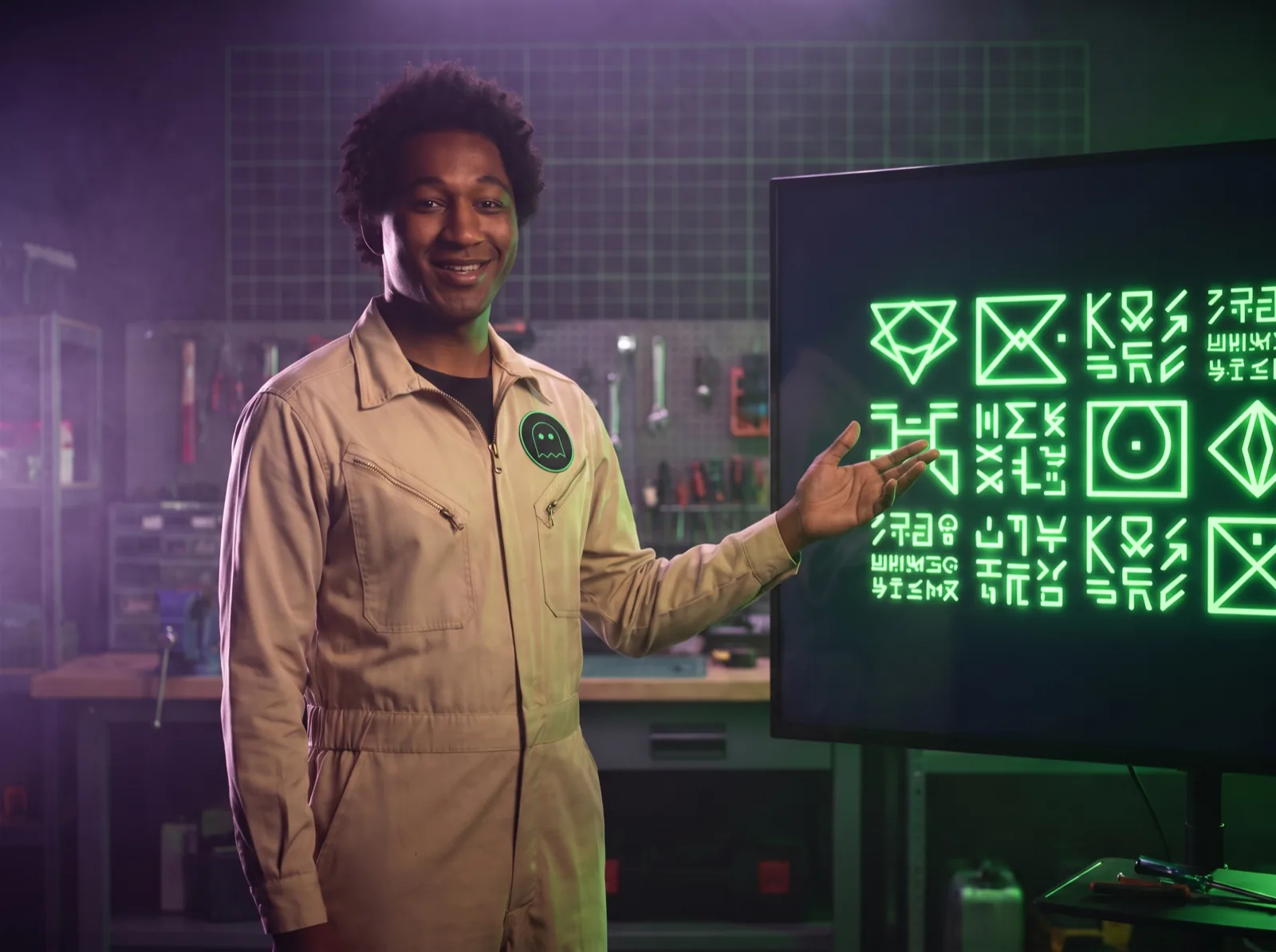 Le formateur vibebusters en combinaison au badge fantôme, devant un écran de symboles verts dans l'atelier